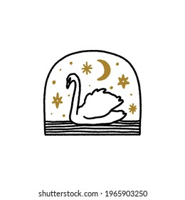 Swan night moon stars boho magical vintage distressed art symbol or label. Vector illustration
