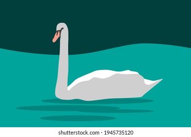 swan on blue water, vector illustration for greeting card.