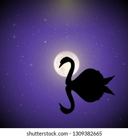 Swan on lake on moonlit night. Vector illustration with silhouette of beautiful bird reflected in water in park. Full moon in starry sky