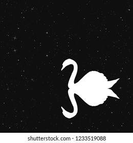 Swan on lake in park at night. Vector illustration with silhouette of beautiful bird reflected in water under starry sky. Inverted black and white