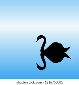 Swan on lake in park. Vector illustration with silhouette of beautiful bird reflected in water. Blue pastel background