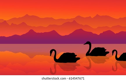 Swan on the lake of silhouette landscape vector art