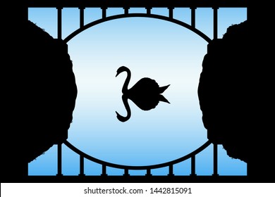 Swan on lake under bridge. Vector illustration with silhouette of beautiful bird reflected in water. Blue pastel background