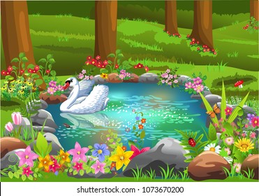 swan on the pond with colorful flowers all around in the middle of the forest