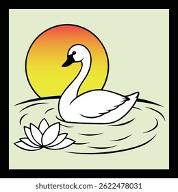 Cisne em uma lagoa com uma flor de lótus ao pôr do sol