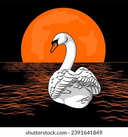 swan and orange moon logo vector design