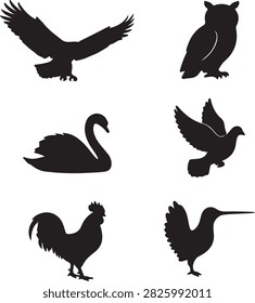 Swan owl and chicken outlines, bird standing and flying poses, domestic and wild bird icons, black vector set.