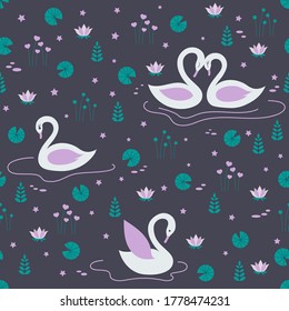 Swan pair on night lake with stars, water lilies, plants seamless pattern. Romantic white swan love on pond seamless print. Animal bird endless texture flat design cartoon style vector illustration.