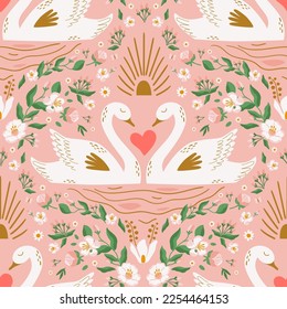 Swan pattern. Cute swan couple, flowers, heart pink seamless background for romantic Valentines day, wedding design, spring textile. Vector illustration. Damask natural repeat print with birds in love