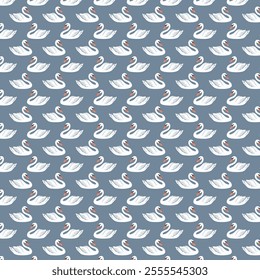 Swan Pattern Design, repeating pattern of swans. Each swan is depicted in a stylized manner with beige feathers, an orange beak, and black accents around the eyes. The swans are arranged in a diagonal