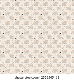 Swan Pattern Design, repeating pattern of swans. Each swan is depicted in a stylized manner with beige feathers, an orange beak, and black accents around the eyes. The swans are arranged in a diagonal