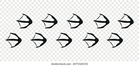 Swan paws. Footpath trail of animals. Paw foot trail print of swan  on white background. Vector animal steps in black color.