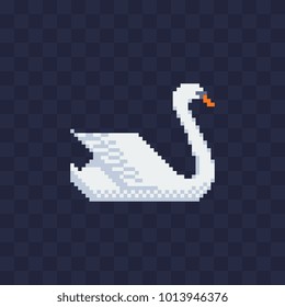 Swan. Pixel art character. Wedding invitation. Logo, sticker and embroidery design. Game assets. Flat style icon for children's mobile applications, book illustration. Isolated vector illustration. 