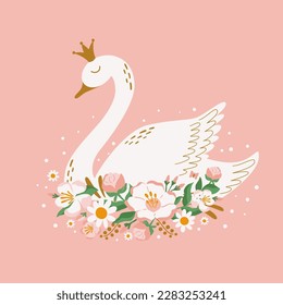 Pájaro de princesa de cisne con flores sobre fondo rosado. Ave blanca dibujada a mano con dibujos animados. Elemento decorativo de cisne floral aislado de ilustración vectorial. Bonita carta, invitación, diseño de ducha para bebés.