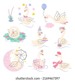 Swan princess. Cartoon swans, vintage watercolor doodle birds and flowers. Cute baby stickers with animal, birthday nursery nowaday vector characters