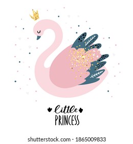 Swan Princess in a crown with gold sequins. Pink bird with blue feathers in a cute Scandinavian style.