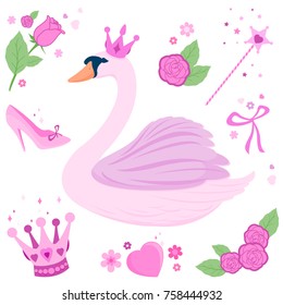 Swan princess fairy tale set. Beautiful pink swan lake bird collection. Cute swan set. Vector illustration