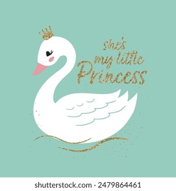 princesa cisne con una corona dorada sobre un fondo rosa. Linda ilustración para impresión de moda