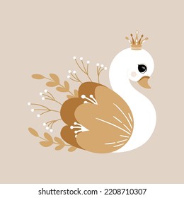 Princesa de cisne habitación de bebé bebé habitación Cute princess cisne en segundo plano dibujos animados a mano ilustración vectorial impresión de camisetas, los niños usan diseño de moda, tarjeta de invitación a la ducha de bebé