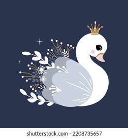 Swan princess mother baby girl room Cute princess swan on background cartoon hand drawn vector illustration t-shirt print, kids wear fashion design, baby shower invitation card