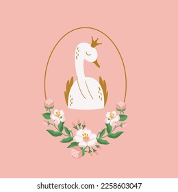 Swan princess portrait in floral oval frame on pink background. Cute swan bird in crown childish vector illustration for t-shirt print, baby shower template, invitations, kids decor, wall art, poster.