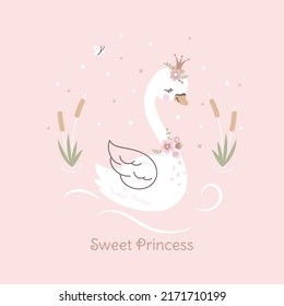 Swan princess poster. Vintage girl t-shirt print with sweet cute swans. Cartoon animal in crown, beauty kids graphics. Nowaday baby vector background