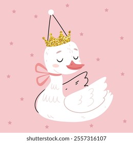 Swan princess queen with a shiny crown on a pink background.Cute illustration for fashion print, greeting cards, nursery bedroom decoration.