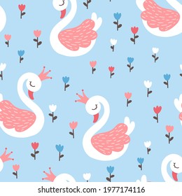 Swan princess seamless pattern with tulips flowers. Vector fairy tale cute illustration in hand-drawn Scandinavian cartoon style. The pastel palette is ideal for baby clothes, girly textiles