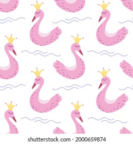 Swan princess seamless pattern. Vector fairy tale cute illustration in hand drawn scandinavian cartoon style. The pastel palette is ideal for children's clothing, textiles.
