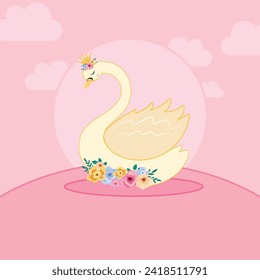 Reina del cisne con ilustración vectorial de ramo de flores