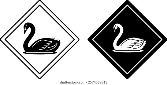 Swan Road Signs. Black and White Vector Icons. Waterfowl. Road Sign Warning Animals Crossing The Road. Zoo Sticker