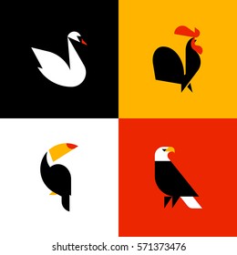 Swan, rooster, toucan, bald eagle. Set of flat style vector logo templates