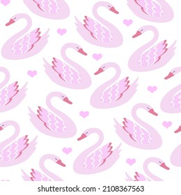 Swan seamless pattern with hearts. Vector Illustration for printing, backgrounds, covers, packaging, greeting cards, posters, stickers, textile and seasonal design. Isolated on white background.