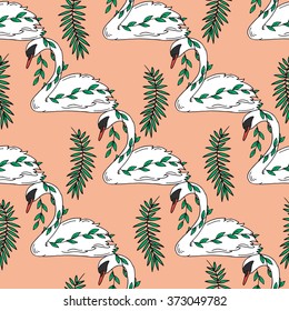 Swan seamless pattern. Swan lake background. Wildlife seamless texture. Swan, leaves and branch background. Hand drawn nature seamless pattern. Pattern for design, wallpaper, prints, backdrop, web