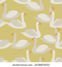 Swan seamless pattern on yellow background. Farming vector wallpaper. Flat cute illustrations background