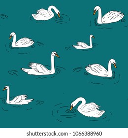 Swan seamless pattern. Swans swimming on green water. Vector background illustration.