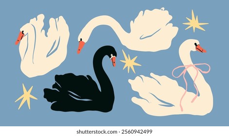 Swan Set. Black and white birds collection. Different poses. Cartoon style, flat design. Hand drawn trendy Vector illustration. Isolated design elements