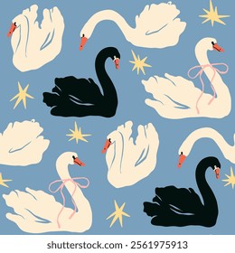 Swan Set. Black and white birds collection. Different poses. Cartoon style, flat design. Hand drawn trendy Vector illustration. Square seamless Pattern, background, wallpaper