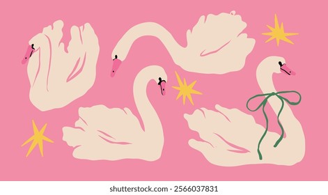 Swan Set. Elegant white birds collection. Different poses. Cartoon style, flat design. Hand drawn trendy Vector illustration. Isolated design elements