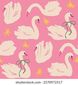 Swan Set. White birds, pink background. Different poses. Cartoon style, flat design. Hand drawn trendy Vector illustration. Square seamless Pattern, wrapping paper, wallpaper template