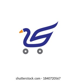 Swan shop logo. Blue swan, letter S and shopping cart with flat logo concept