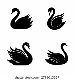 Swan silhouette icon set vector. Black solid elegant waterbird, graceful goose, and lake wildlife symbols collection