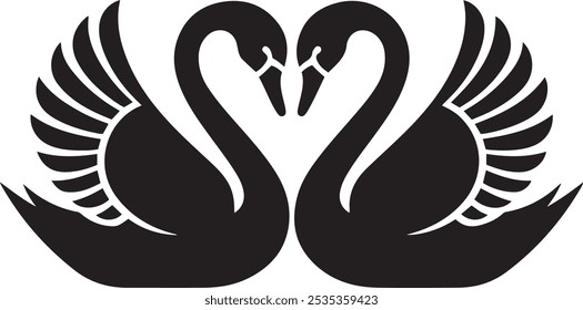 Swan Silhouette Pair Forming Heart Shape for Minimalist Romantic Representation in Art, Romantic Swan Silhouette with Heart Necks for Simple Representation in Black and White Designs