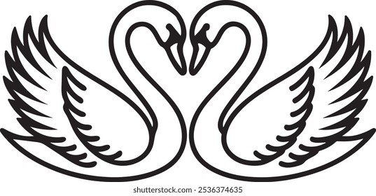 Swan Silhouette Pair Forming Heart Shape for Minimalist Romantic Representation in Art, Romantic Swan Silhouette with Heart Necks for Simple Representation in Black and White Designs