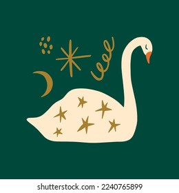 Swan space lake modern abstract artistic New Year and Christmas illustration. Scandinavian nordic style artisan Noel postcard