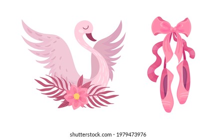 Swan with Spread Wings and Pointe Shoes as Ballet Accessory Vector Set