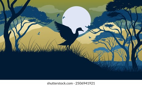 A Swan Stretching Its Wings in the Forest at Sunrise - Beautiful 2d Landscapes Silhouette