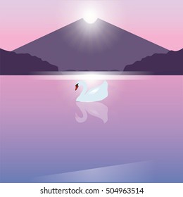 Swan sunrise mountain water gentle pink background