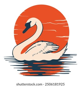 Swan Sunset im japanischen Stil. Flache Vektorgrafik