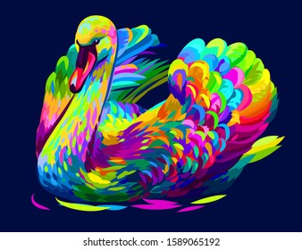 
The swan is swimming. Abstract, artistic, multi-colored image of a swan on a dark  blue background in pop art style.